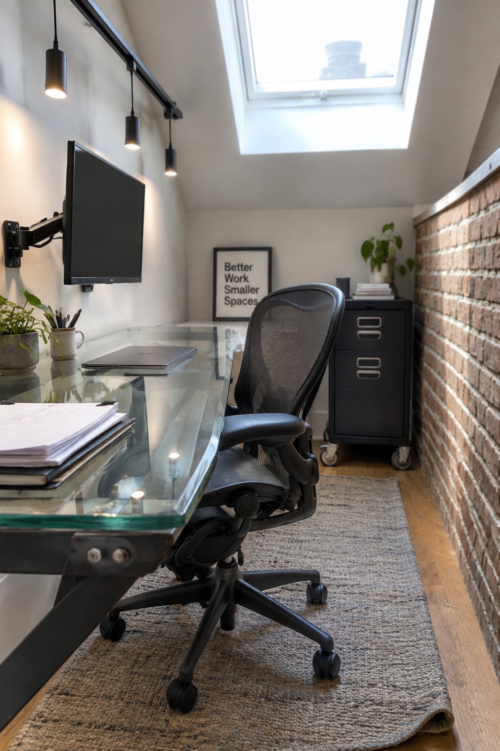 A small home office with a glass desk, black ergonomic chair, wall-mounted monitor, filing cabinet, and skylight overhead.