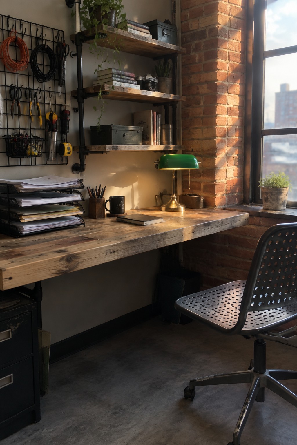 A wooden desk with a green lamp, metal chair, wall-mounted shelves holding books and plants, and a brick wall on the right.