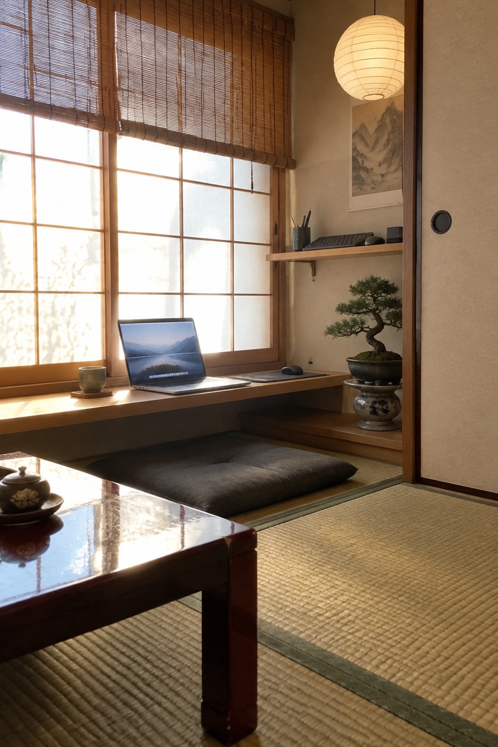 A laptop sits on a low wooden platform desk beneath shoji windows in a Japanese-style room with tatami mats, a gray floor cushion, and a bonsai on a nearby shelf.