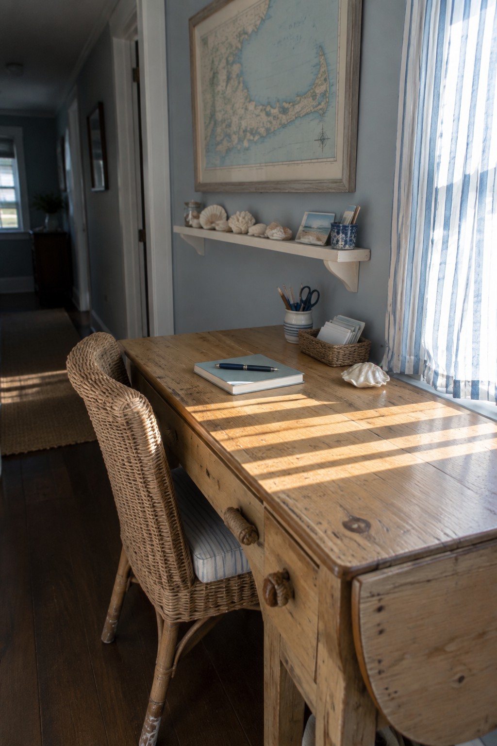 Sunlit wooden desk with wicker chair, notebook, and Cape Cod map on blue wall.