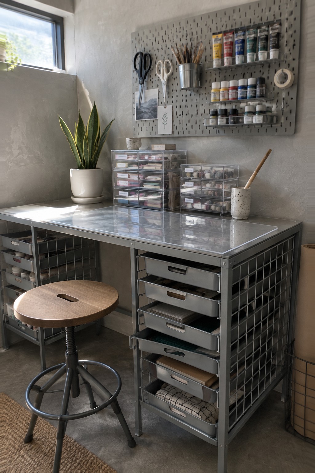 A compact home office features a metal desk with multiple gray drawers, a wooden stool, a pegboard wall organizer holding art supplies, and a potted snake plant on the left side.