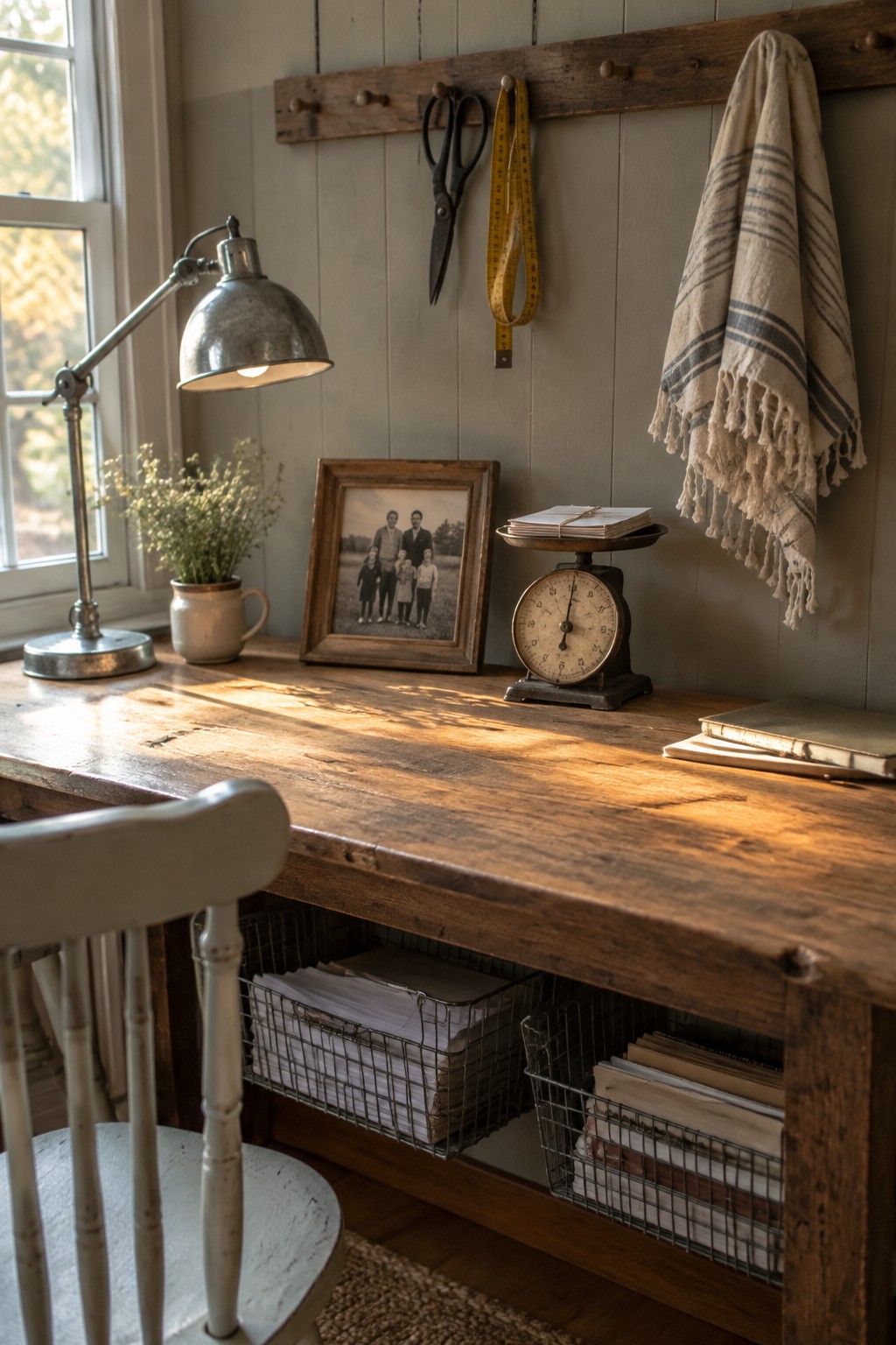 A wooden desk with a metal lamp, framed photo, and scale on top, plus wire baskets holding papers stored underneath.