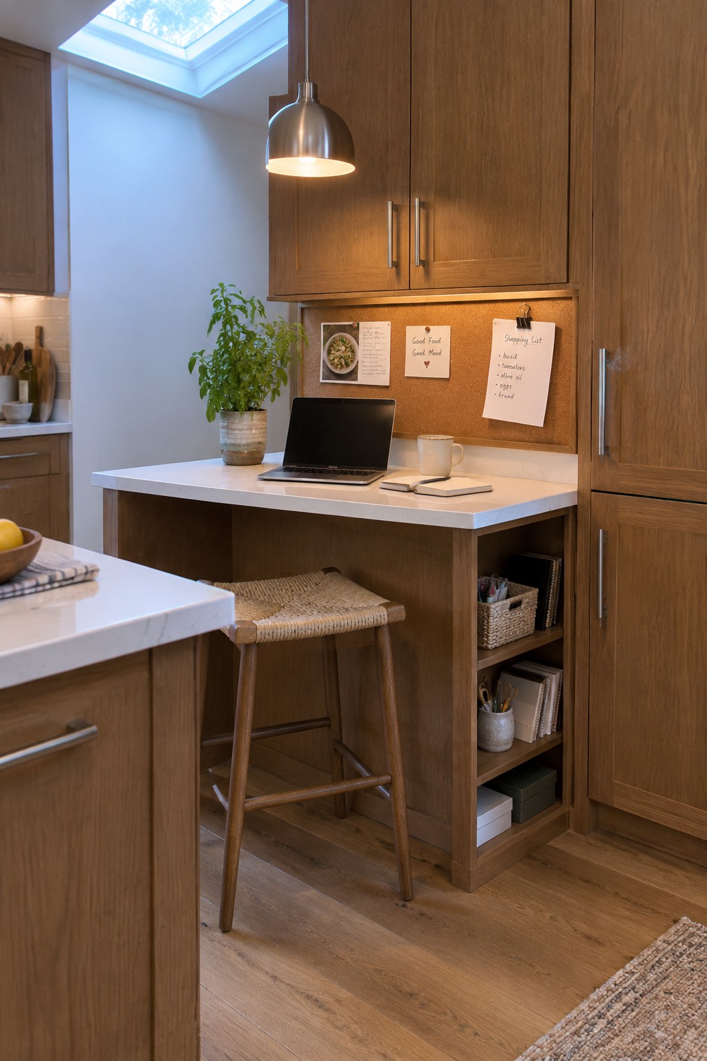 Wooden kitchen desk with laptop, woven stool, corkboard, pendant light and plant
