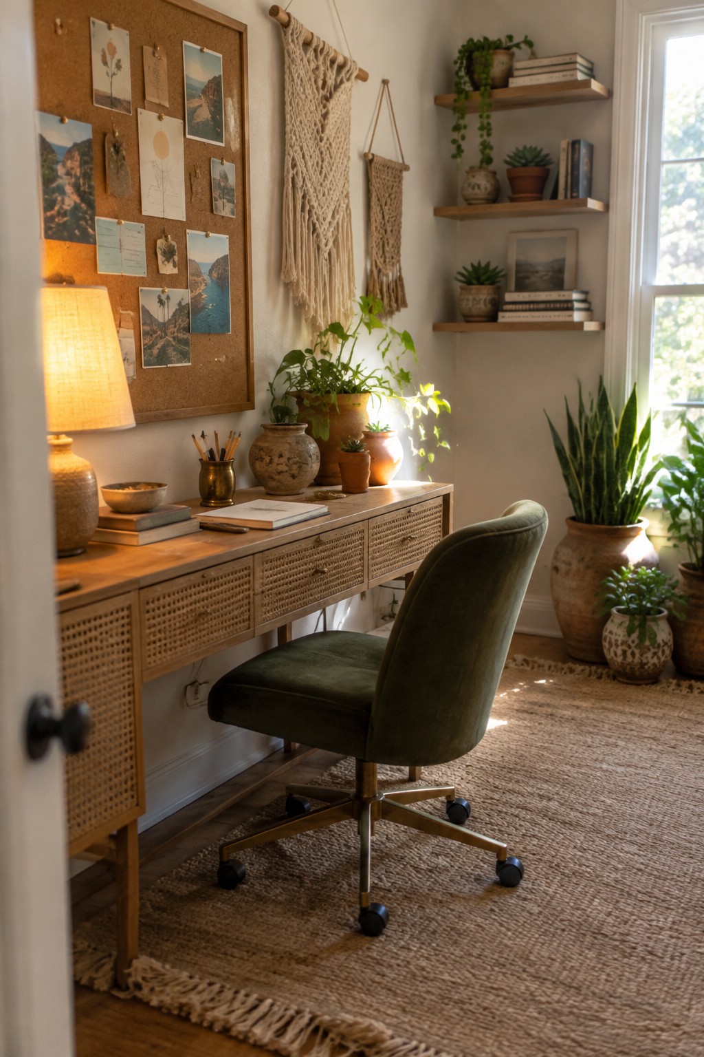 A compact wooden desk with woven cane drawer fronts sits against a wall with a green velvet office chair, a lamp, and several potted plants nearby.