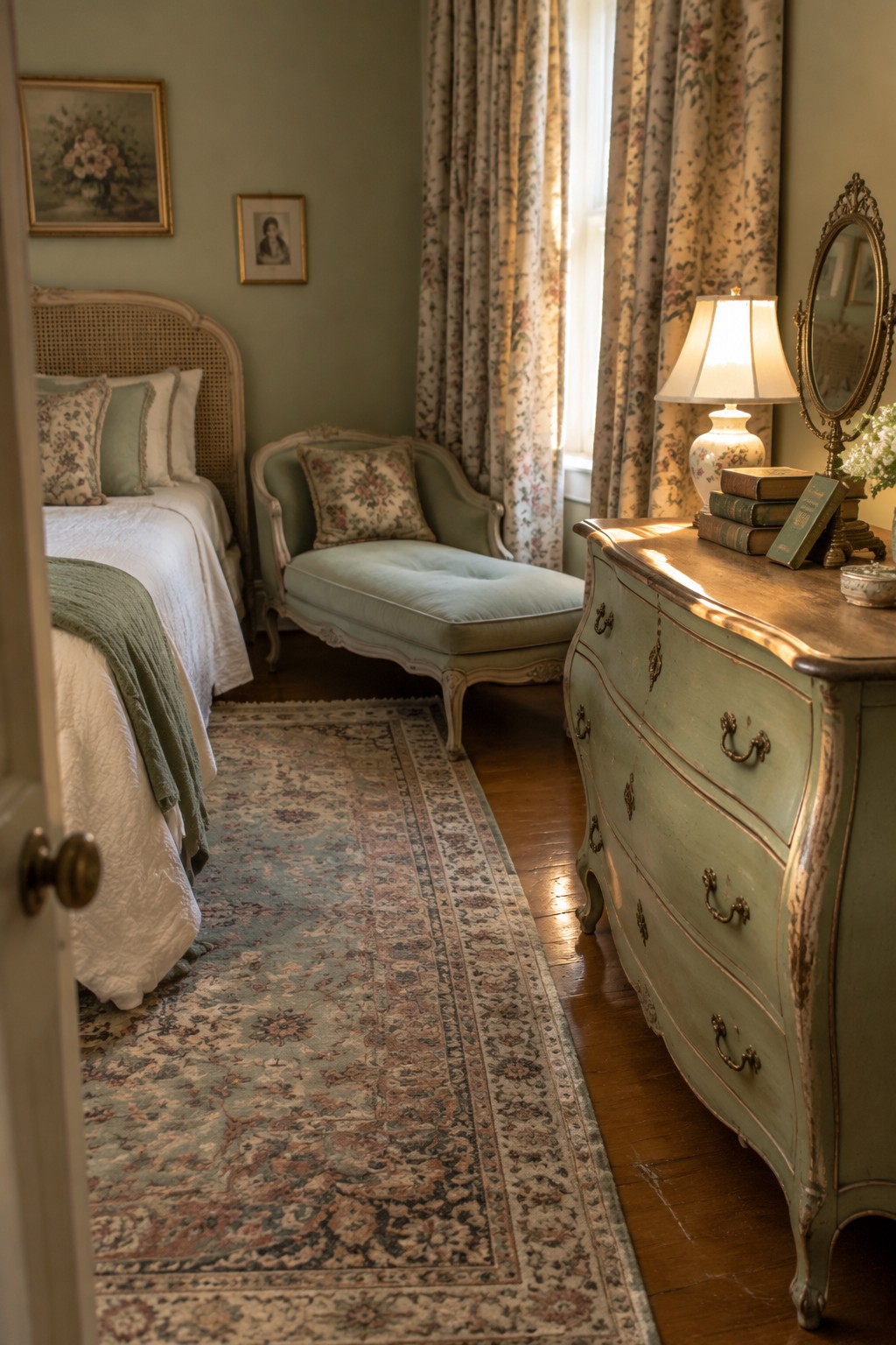 Vintage bedroom with sage green dresser, chaise lounge, floral curtains, and patterned rug.