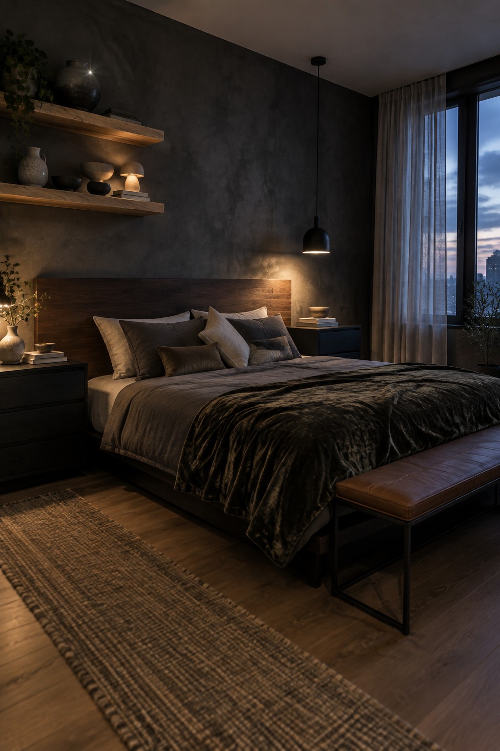 A modern bedroom featuring a dark wood headboard, dark bedding, floating wood shelves on a gray textured wall, and a large window with sheer curtains.