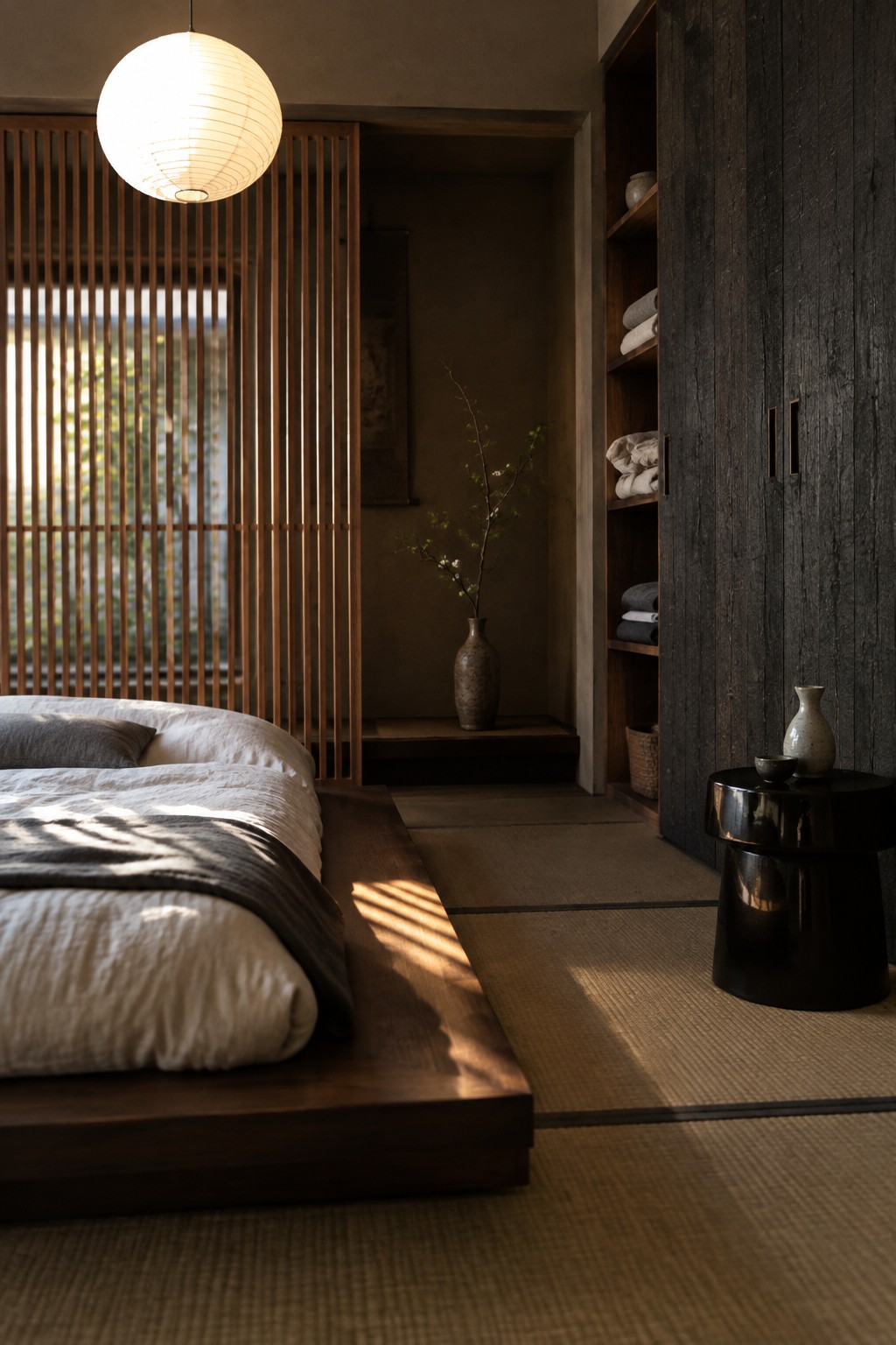 Serene Japanese bedroom with low wooden bed, paper lantern, tatami mats, and sunlight.