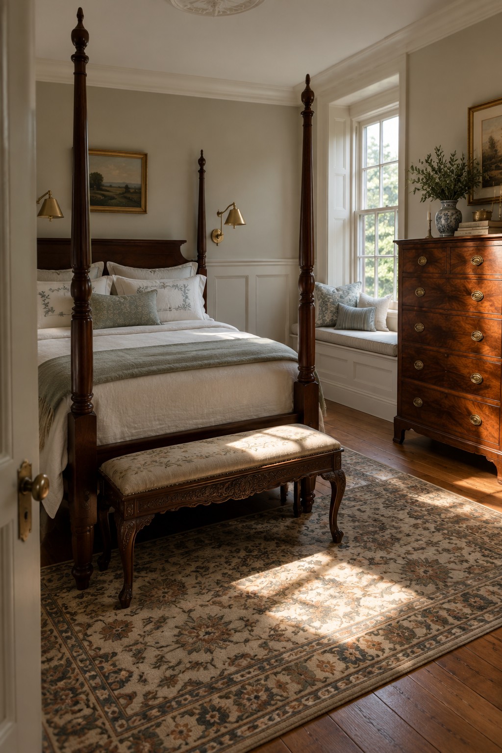 A bedroom with a dark wood four-poster bed, white bedding, an upholstered bench at the foot, and a wooden dresser next to a window seat.