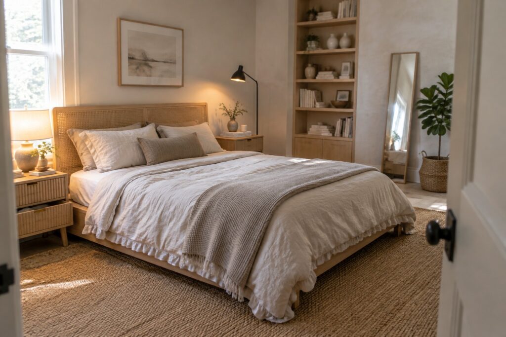 21 Bedroom Furniture Refinishing Ideas Using Updated Wood Finishes A bedroom featuring a light wood bed frame with white and beige bedding, a tall light wood bookshelf on the left, and a matching nightstand under warm lamp light.