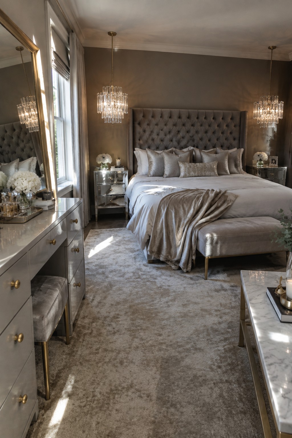Luxurious bedroom with tufted gray bed, crystal chandeliers, mirrored vanity, and plush rug.