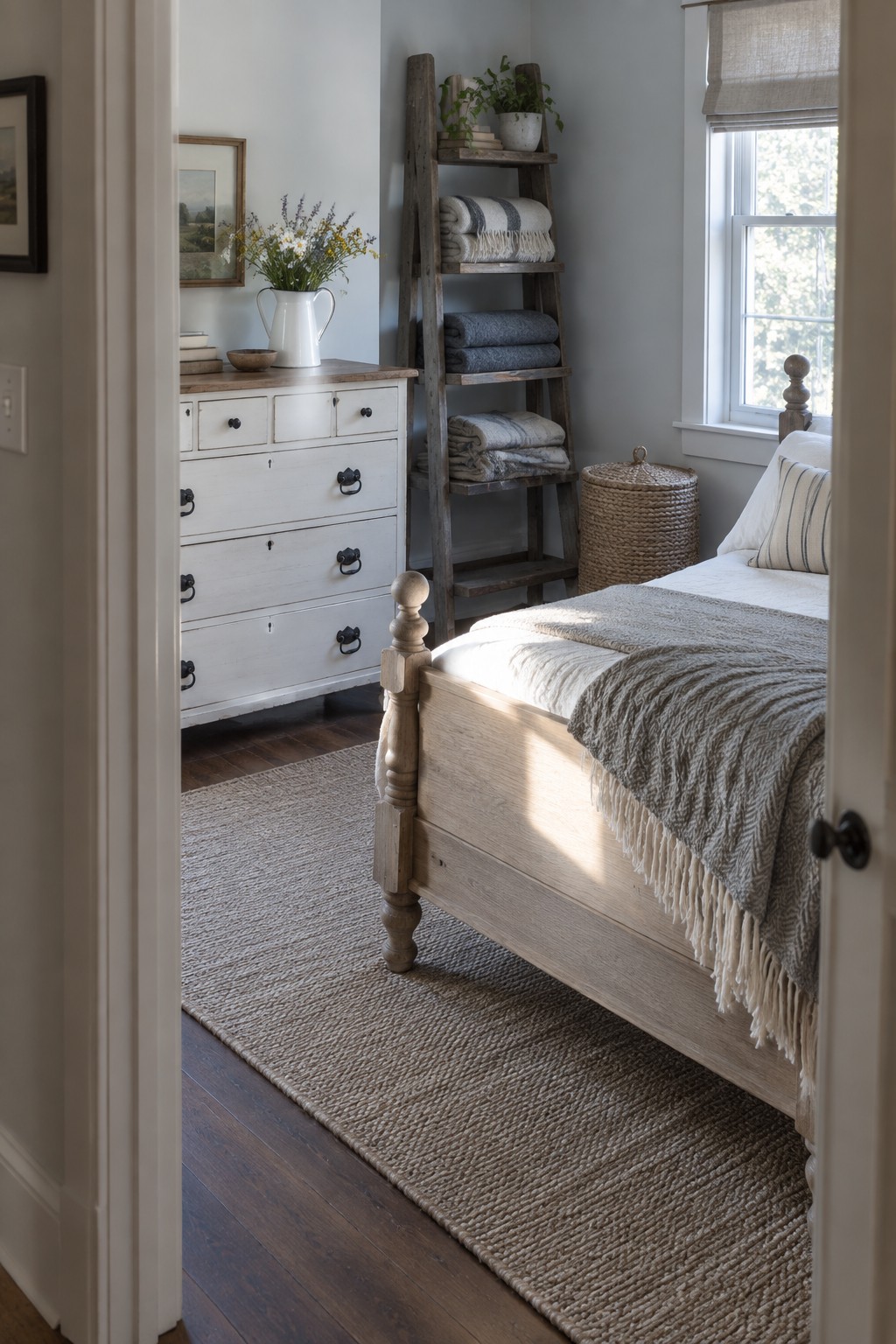 Rustic bedroom with wooden bed, ladder shelf, white dresser, and woven rug