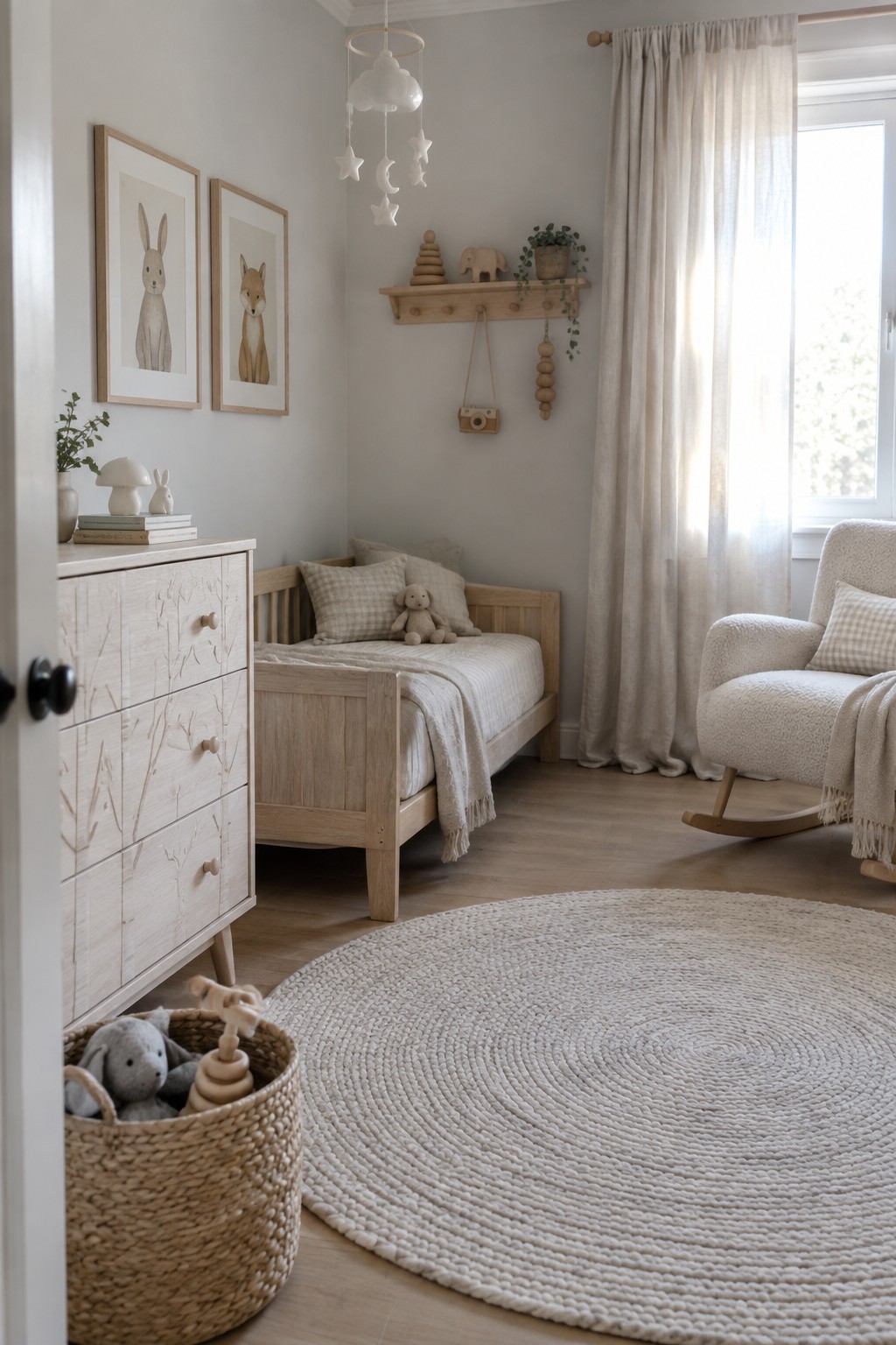 A child's bedroom with light wood furniture including a carved dresser, toddler bed, rocking chair, and round woven rug.