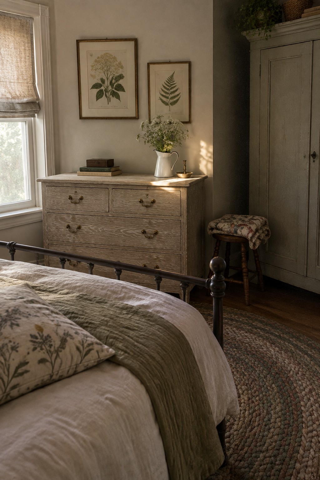 A bedroom interior showing a light wood dresser with brass pulls beneath framed botanical prints, next to a bed with a dark metal frame.