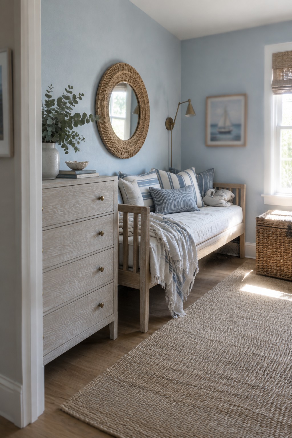 A bedroom corner with a light wood daybed and matching five-drawer dresser against blue walls, topped with blue and white striped pillows and a round woven mirror above.
