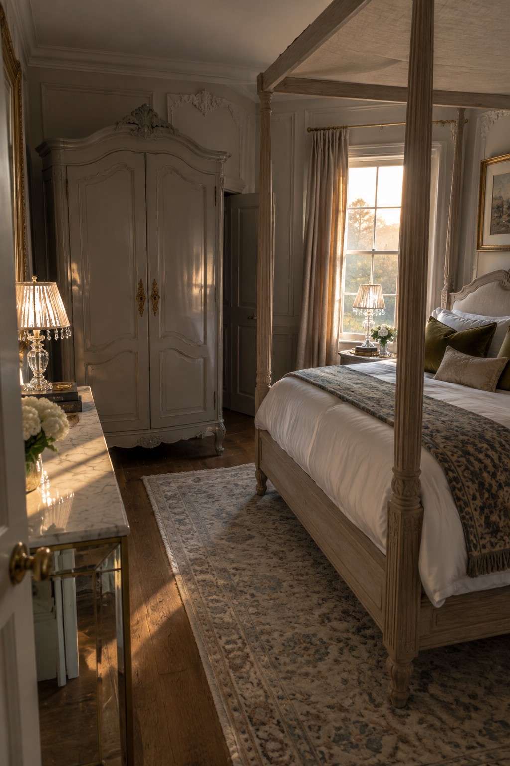 A bedroom with a light wood four-poster bed dressed in white linens, a gray armoire, and a marble console table near a window with sheer curtains.