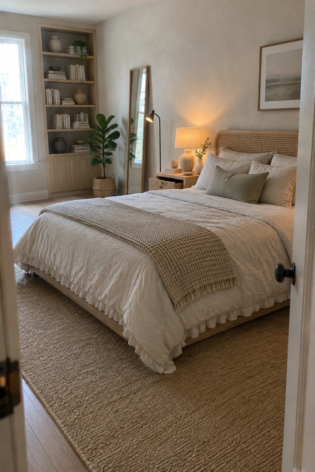 A bedroom featuring a light wood bed frame with white and beige bedding, a tall light wood bookshelf on the left, and a matching nightstand under warm lamp light.
