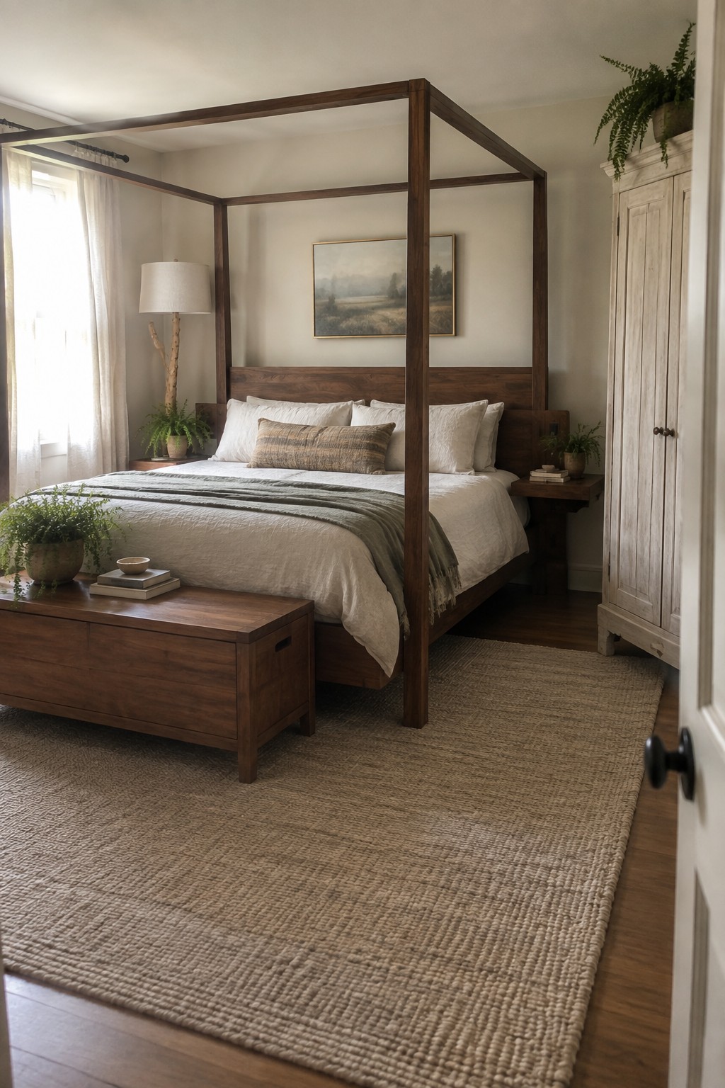 A bedroom with a dark wood four-poster bed dressed in white linens, a wooden storage chest at the foot, and a large woven rug on the floor.