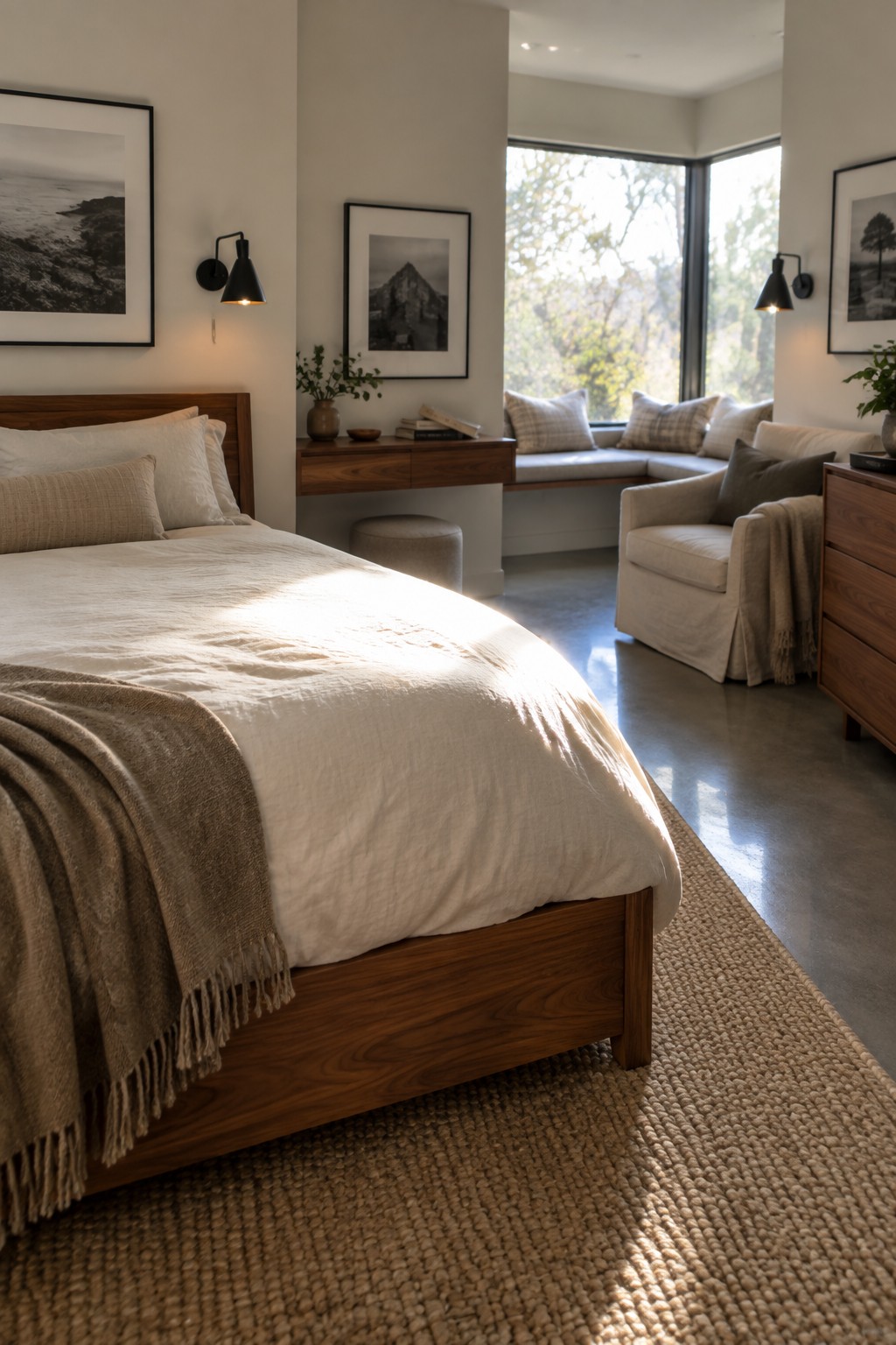 Sunlit modern bedroom with wooden bed, white linens, woven rug, and window seat
