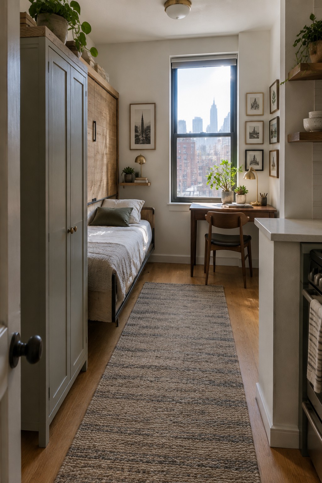 Narrow studio with bed, desk by city-view window, plants, and woven rug.