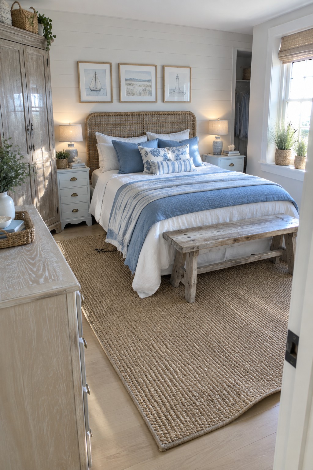 A bright bedroom with a bed on a large jute rug, surrounded by wooden furniture in several different finishes including a light dresser, weathered armoire, white nightstands, and a rustic bench.