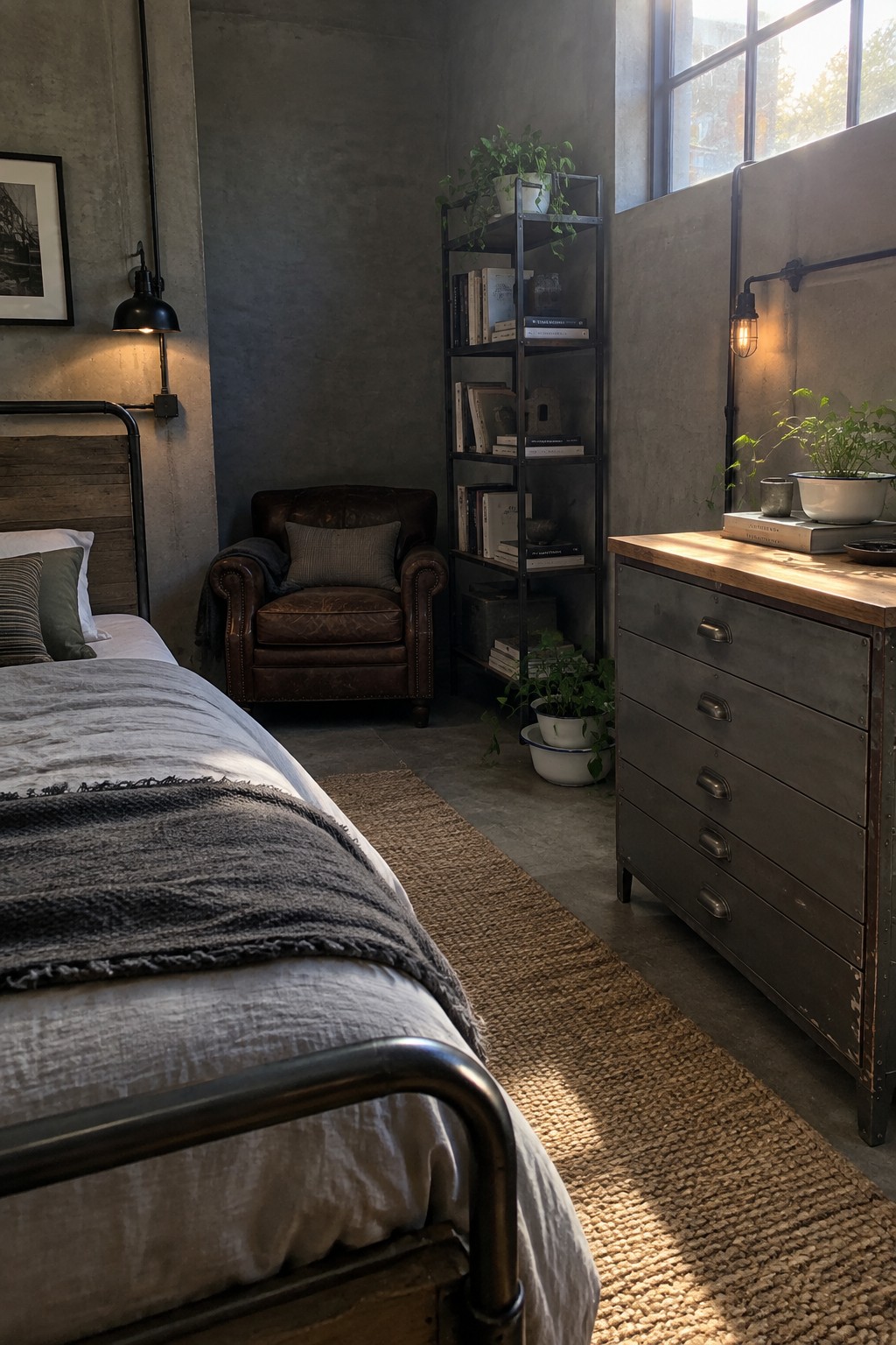 Bedroom with metal bed frame and wooden headboard, brown leather armchair, tall metal bookshelf filled with books, metal dresser with wooden top, and concrete walls with industrial lighting.