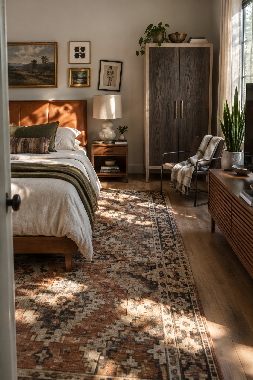 A bedroom with a wooden bed frame and brown leather headboard, a patterned area rug, a dark wood wardrobe, a wooden nightstand with a lamp, and framed artwork on the wall.