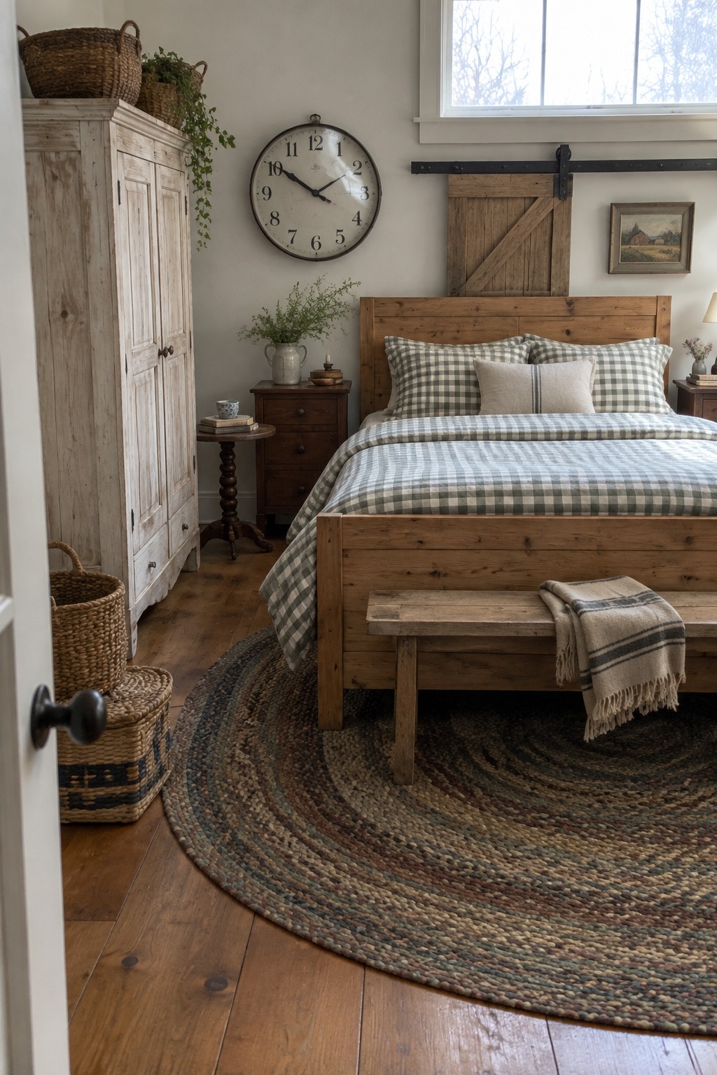 A bedroom featuring a wooden bed with green checkered bedding, a matching bench at the foot, a whitewashed armoire, and a round braided rug on hardwood floors.