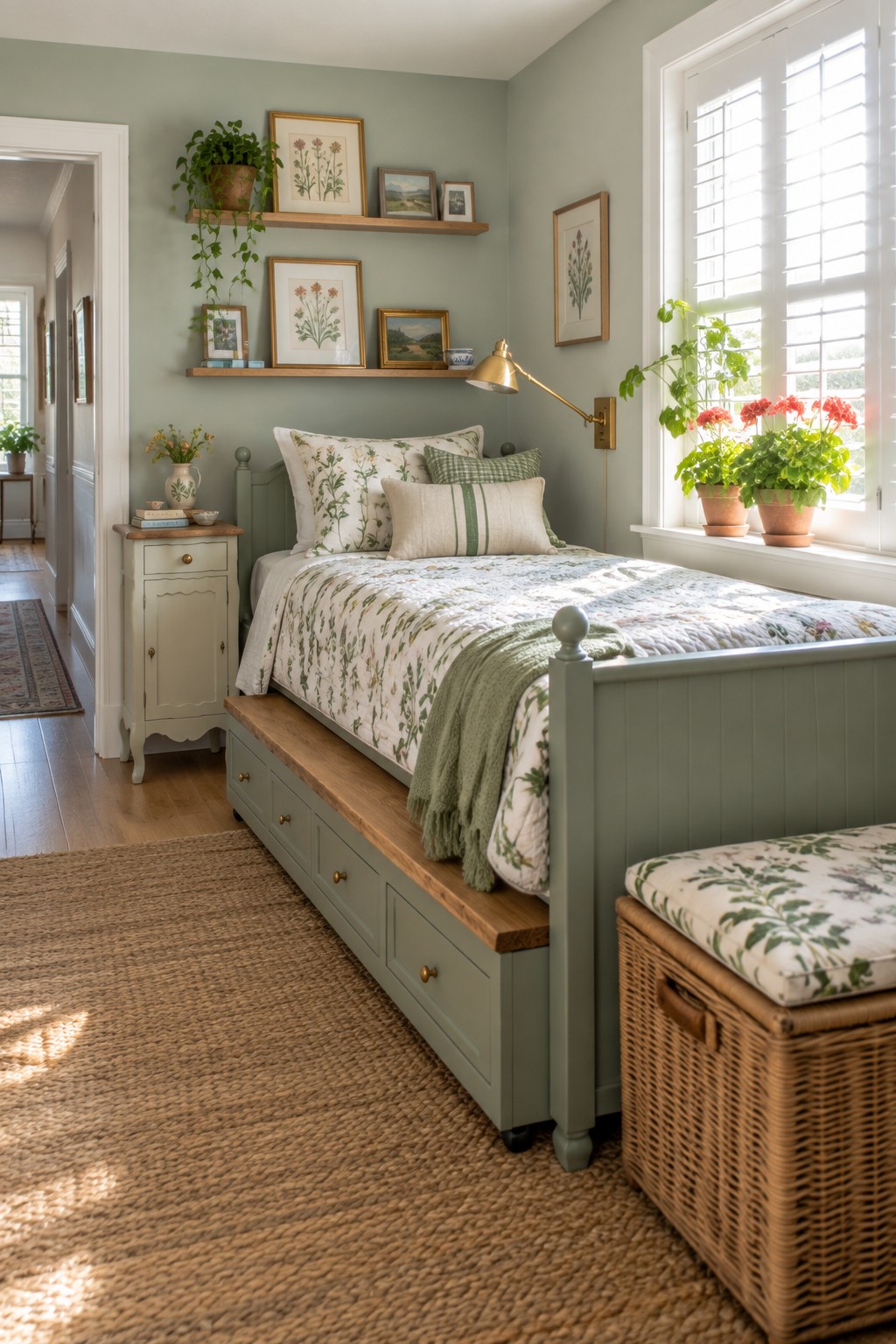 Sage green bed with floral quilt beneath wooden shelves, potted plants, and woven rug.
