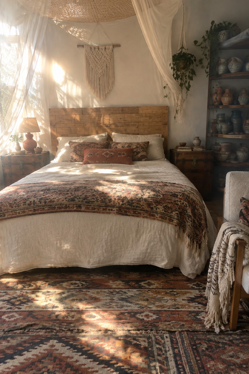 A bedroom with a horizontal plank wood headboard, white bedding, patterned rugs on the floor, and wooden trunk nightstands beside the bed.
