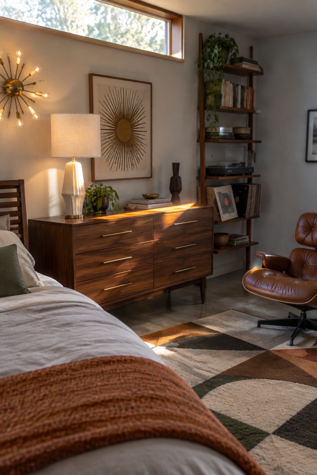 A modern bedroom with a long wooden dresser topped with a lamp and books, a bed with white linens and an orange throw, a brown leather lounge chair, and a geometric area rug.