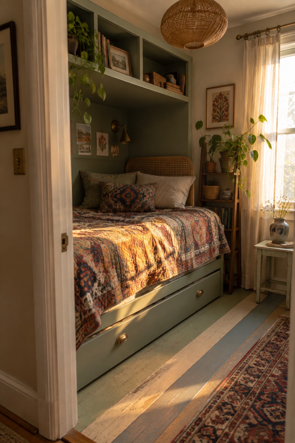 A small bedroom shows a bed built into a green alcove with overhead shelves holding books and plants, a patterned bedspread, and a drawer underneath, with light from a nearby window.