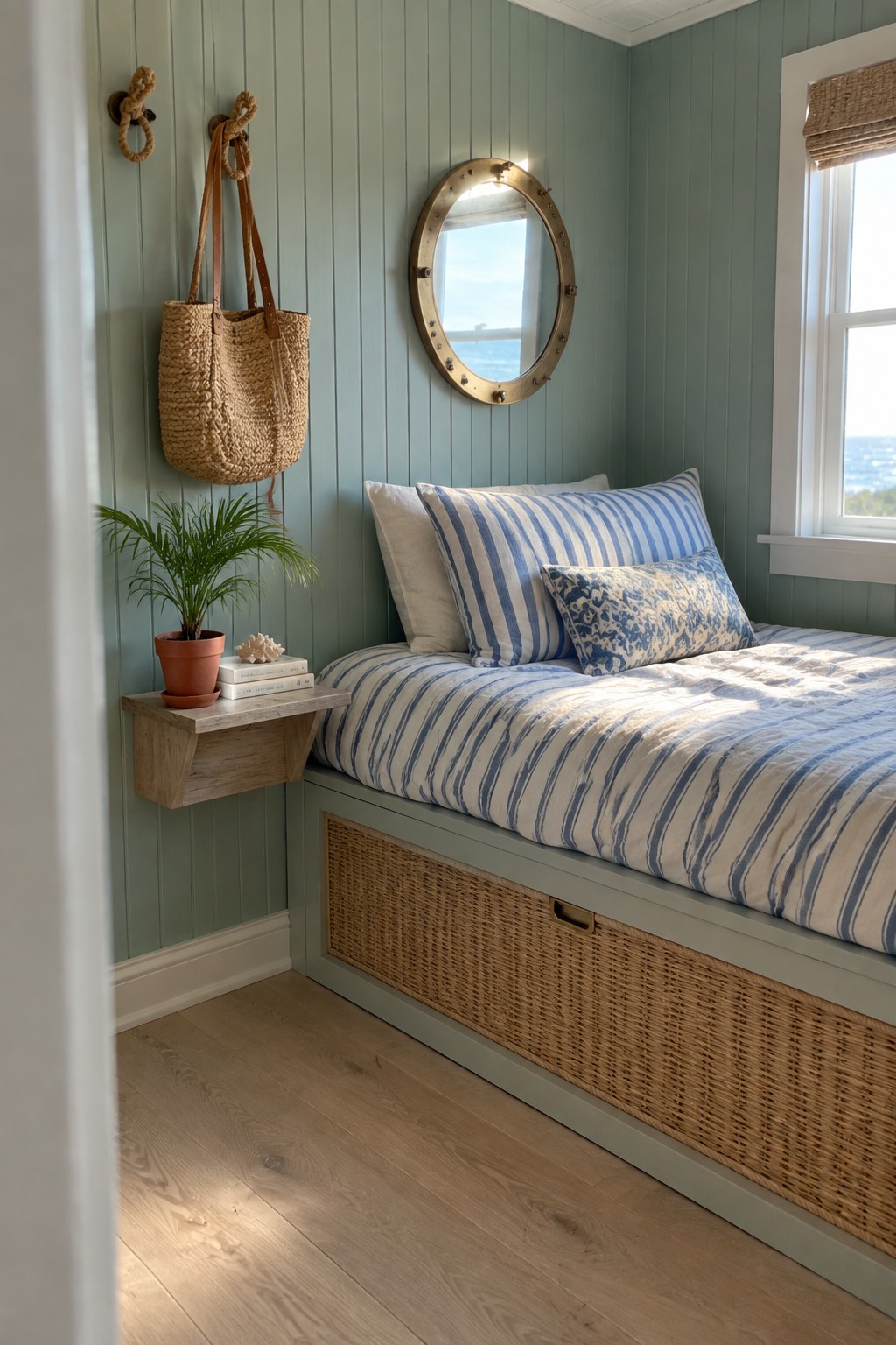 A small bedroom corner shows a built-in bed with a woven rattan storage front, blue and white striped bedding, a round porthole mirror on a green paneled wall, and a floating wood shelf holding a potted plant and books.