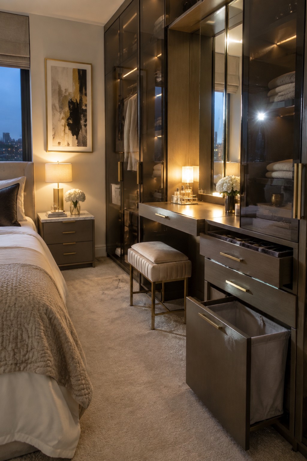 Luxurious bedroom with dark glass vanity, mirrored closet, tufted stool, and city view at dusk