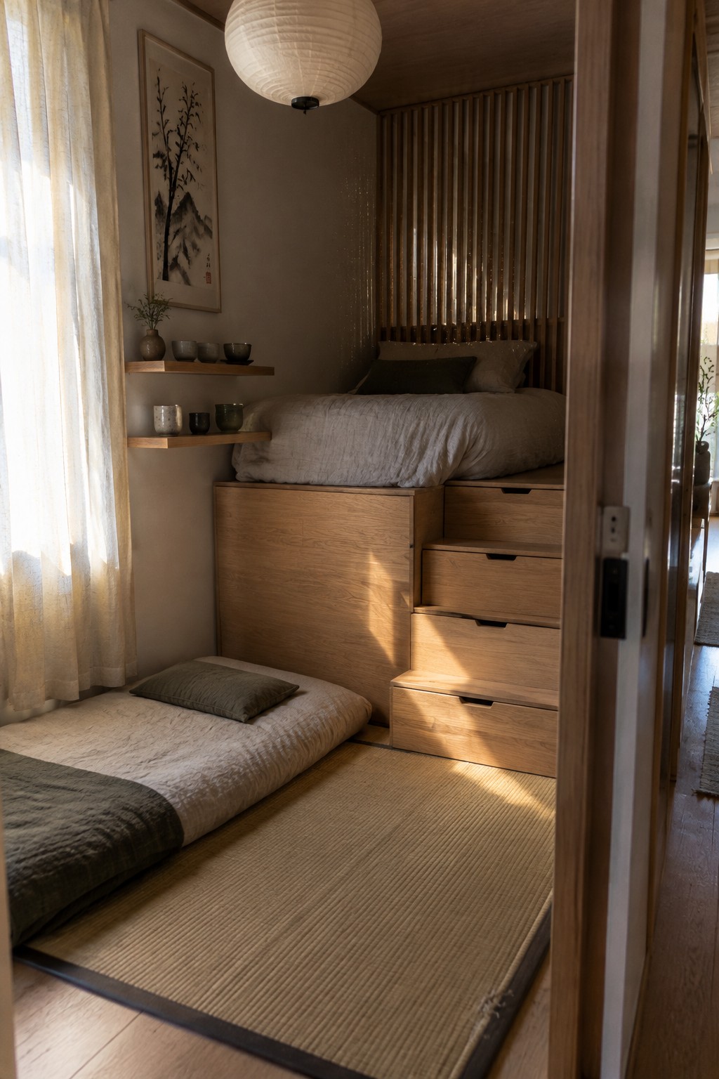A small bedroom with a raised wooden platform bed that has built-in drawers and steps, plus a low mattress on a tatami mat and wall shelves holding small bowls.