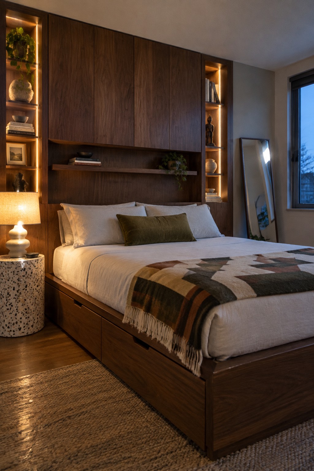 Modern bedroom with dark wood built-in shelving, bed with white linens and patterned throw.