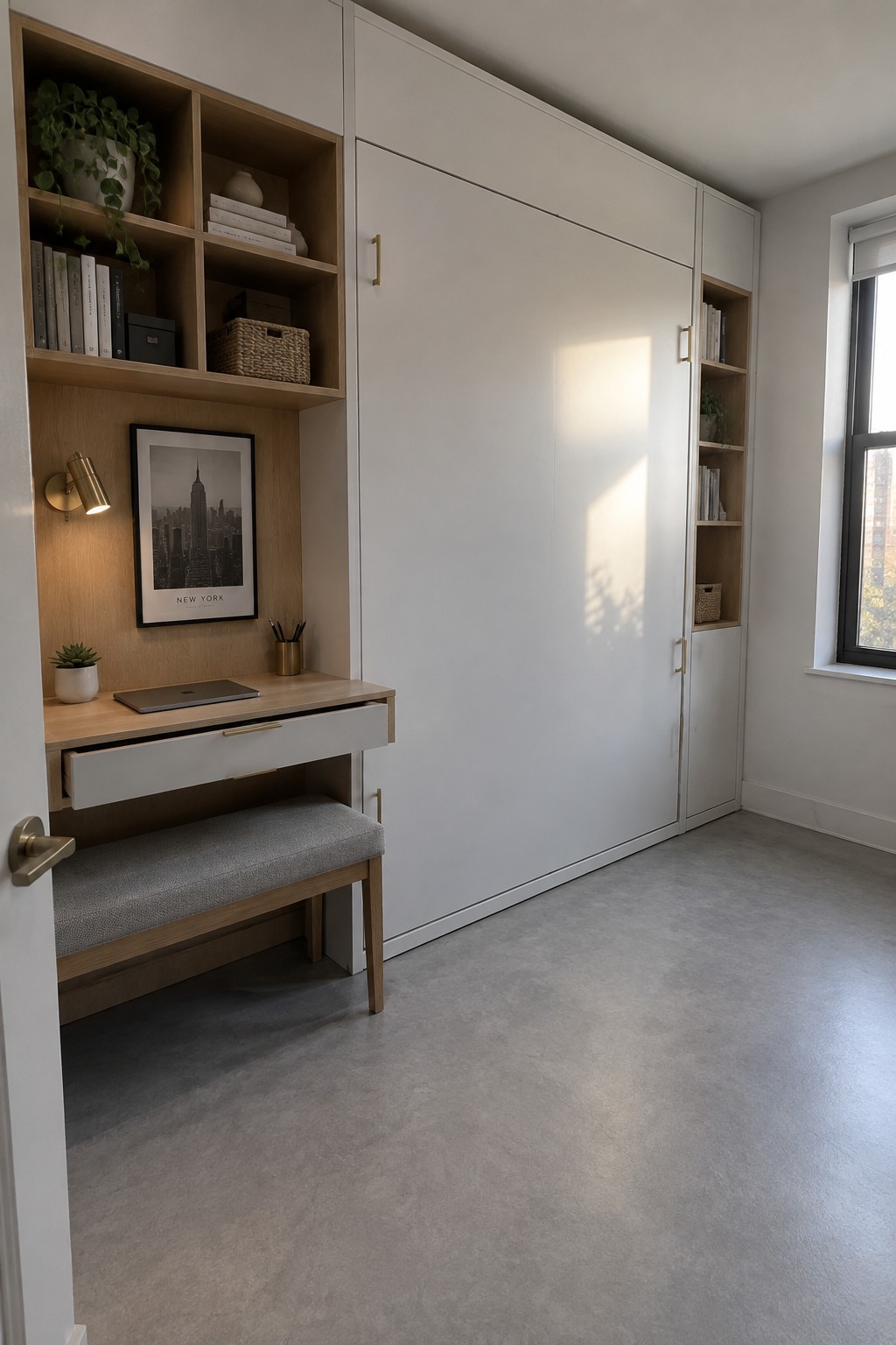 A bedroom wall with white built-in cabinets, light wood open shelves, and an integrated desk with a gray upholstered bench underneath.