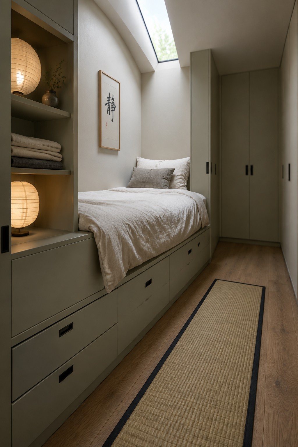 A narrow bedroom with a low platform bed featuring built-in drawers, wall-mounted cabinetry with open shelves holding lamps and folded textiles, a framed calligraphy print, and a long tatami runner on light wood flooring.