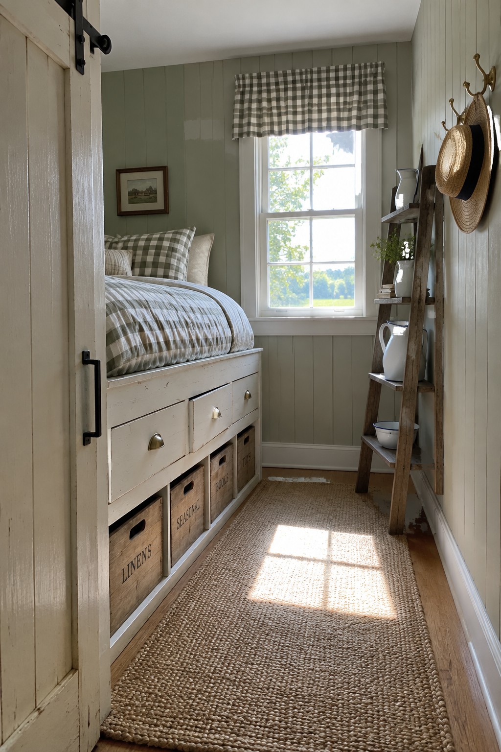 A narrow bedroom with a white platform bed that has built-in drawers and wooden storage crates underneath, placed beside a window with a gingham valance.