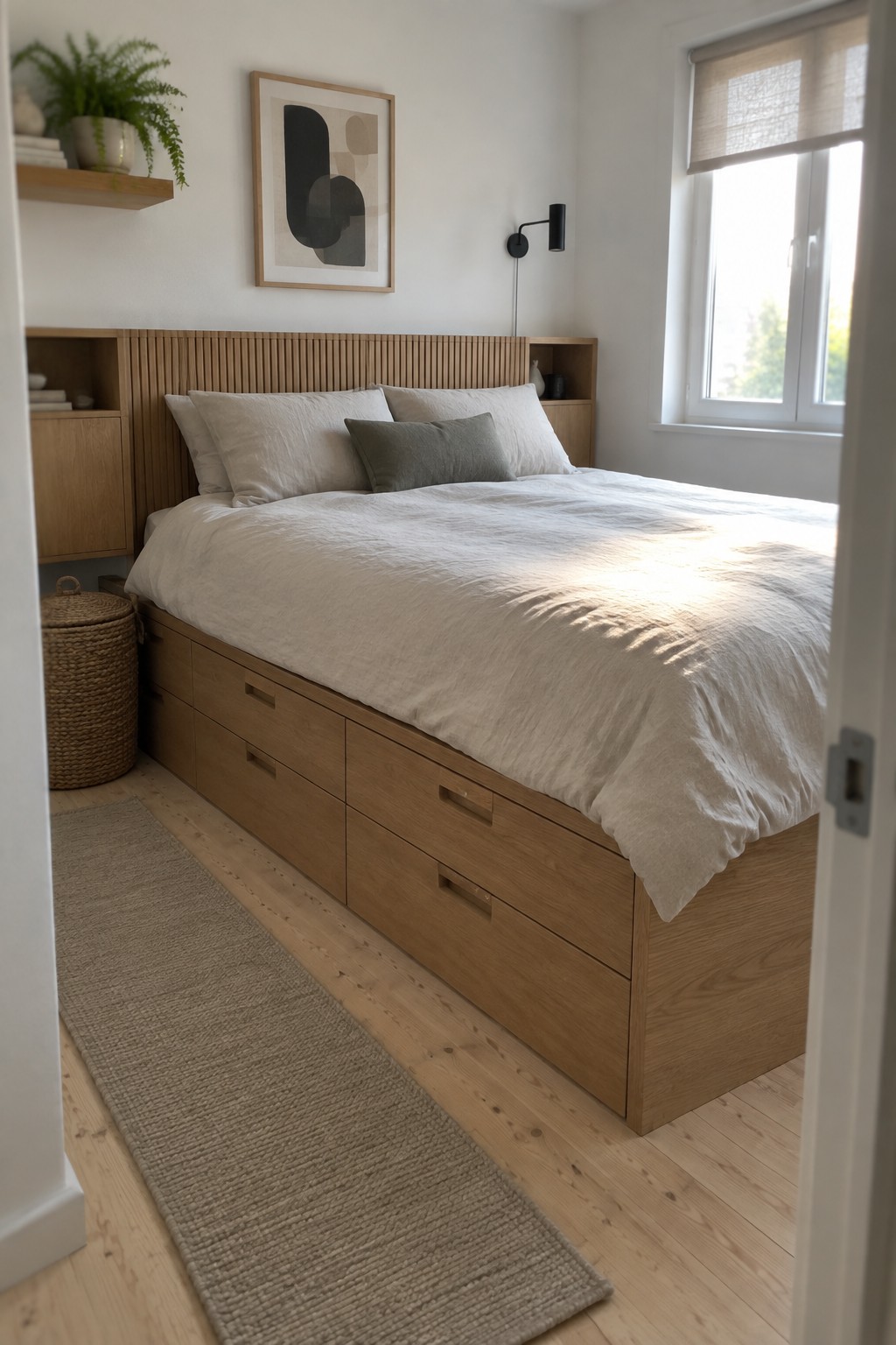 A light wood bed with multiple built-in drawers underneath, dressed in neutral bedding, sits in a small bedroom with wood floors and a woven runner rug.