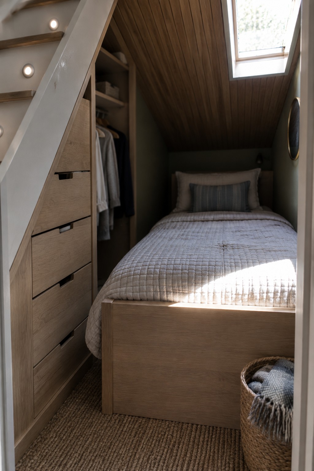 A narrow bedroom under a wooden sloped ceiling features a bed on a low wooden platform, built-in oak drawers and hanging space along the left staircase wall, a skylight overhead, and a woven basket on the floor.
