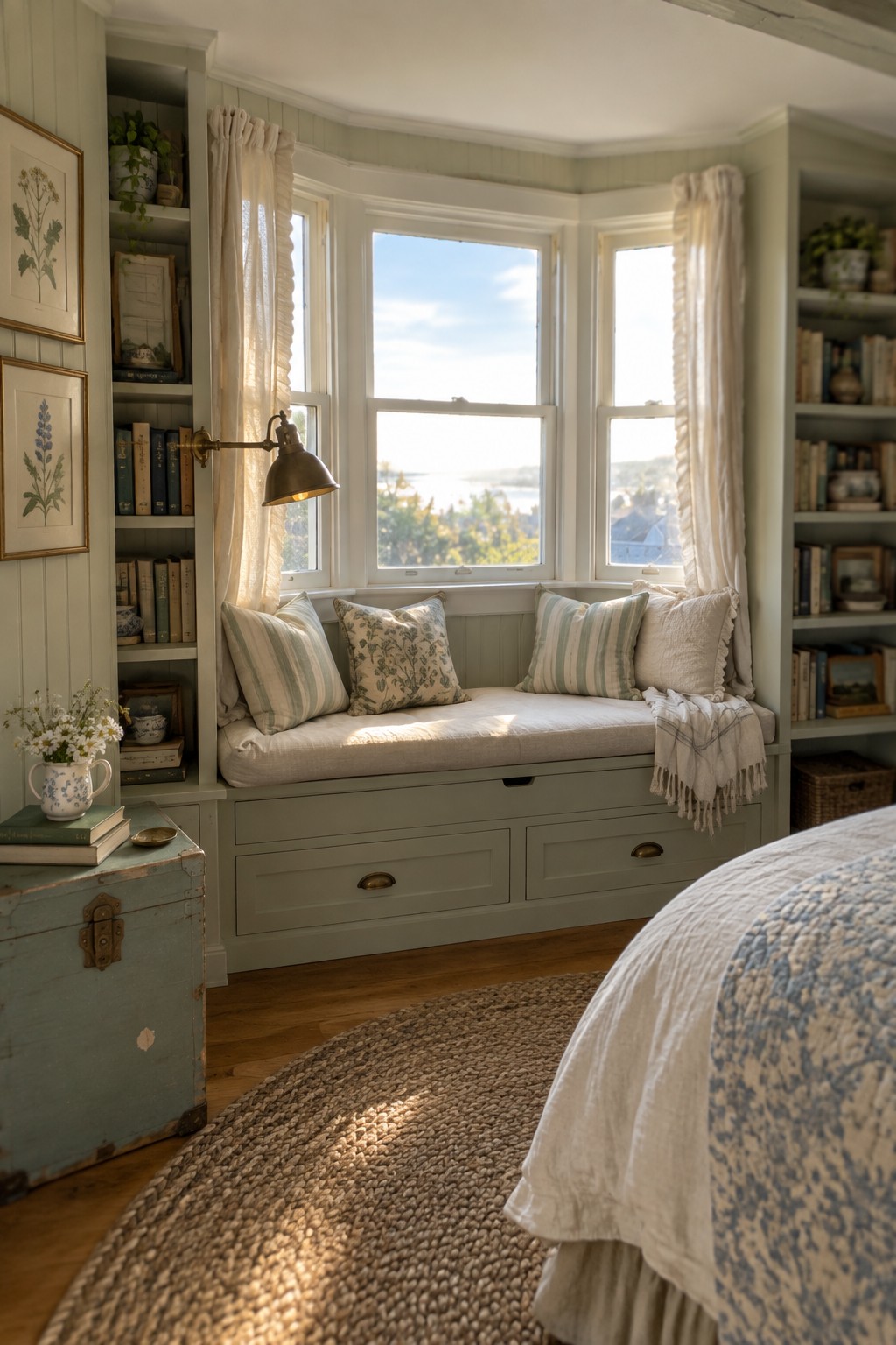 A built-in window seat with three storage drawers beneath a bay window, flanked by built-in bookshelves in a light green bedroom.