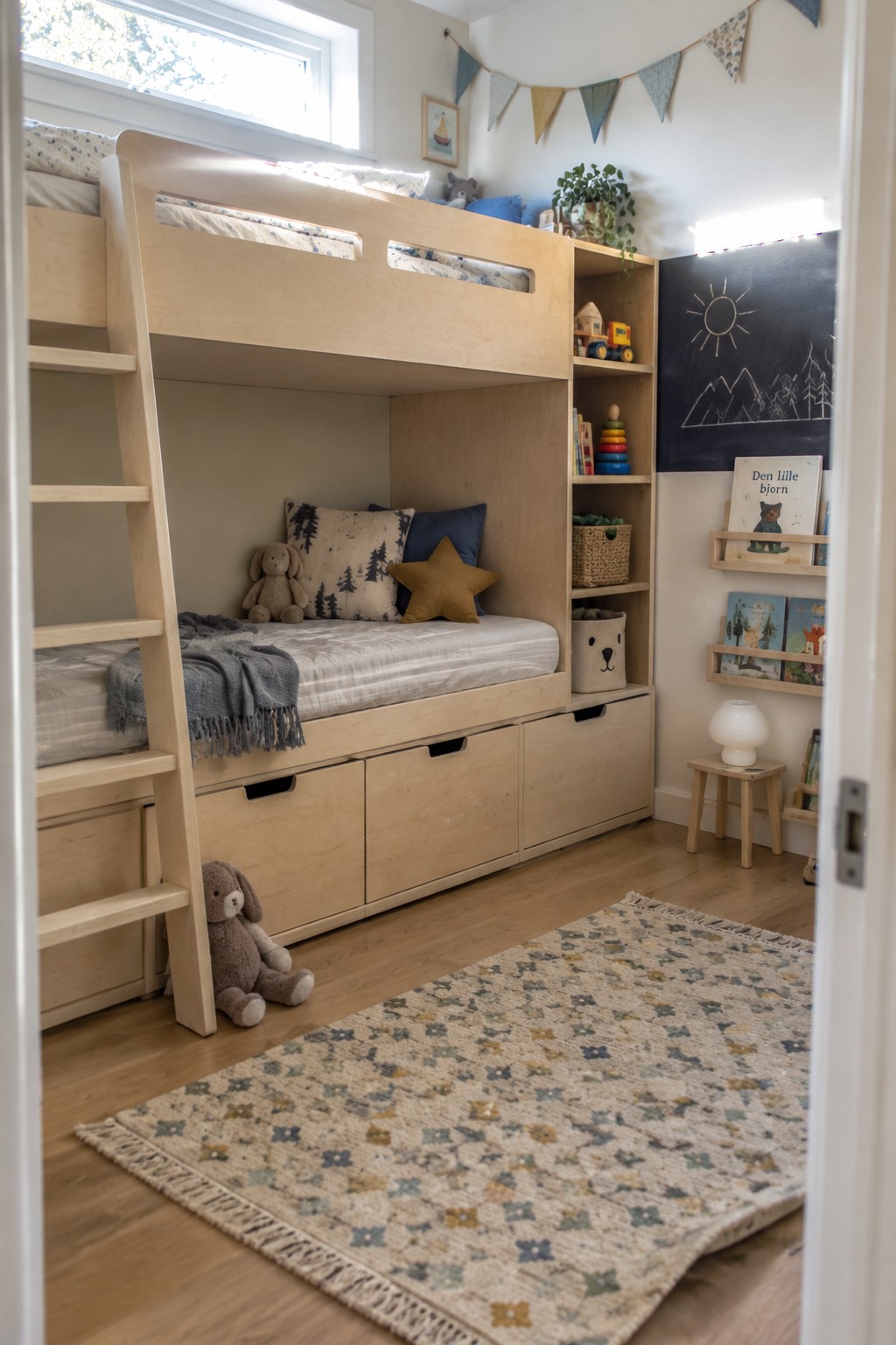 A light wood bunk bed in a child's bedroom has built-in storage drawers under the lower bunk and open shelves on the side.