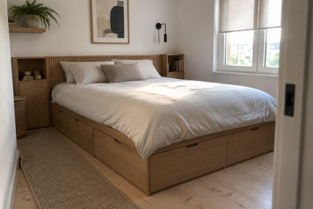 A light wood bed with multiple built-in drawers underneath, dressed in neutral bedding, sits in a small bedroom with wood floors and a woven runner rug.