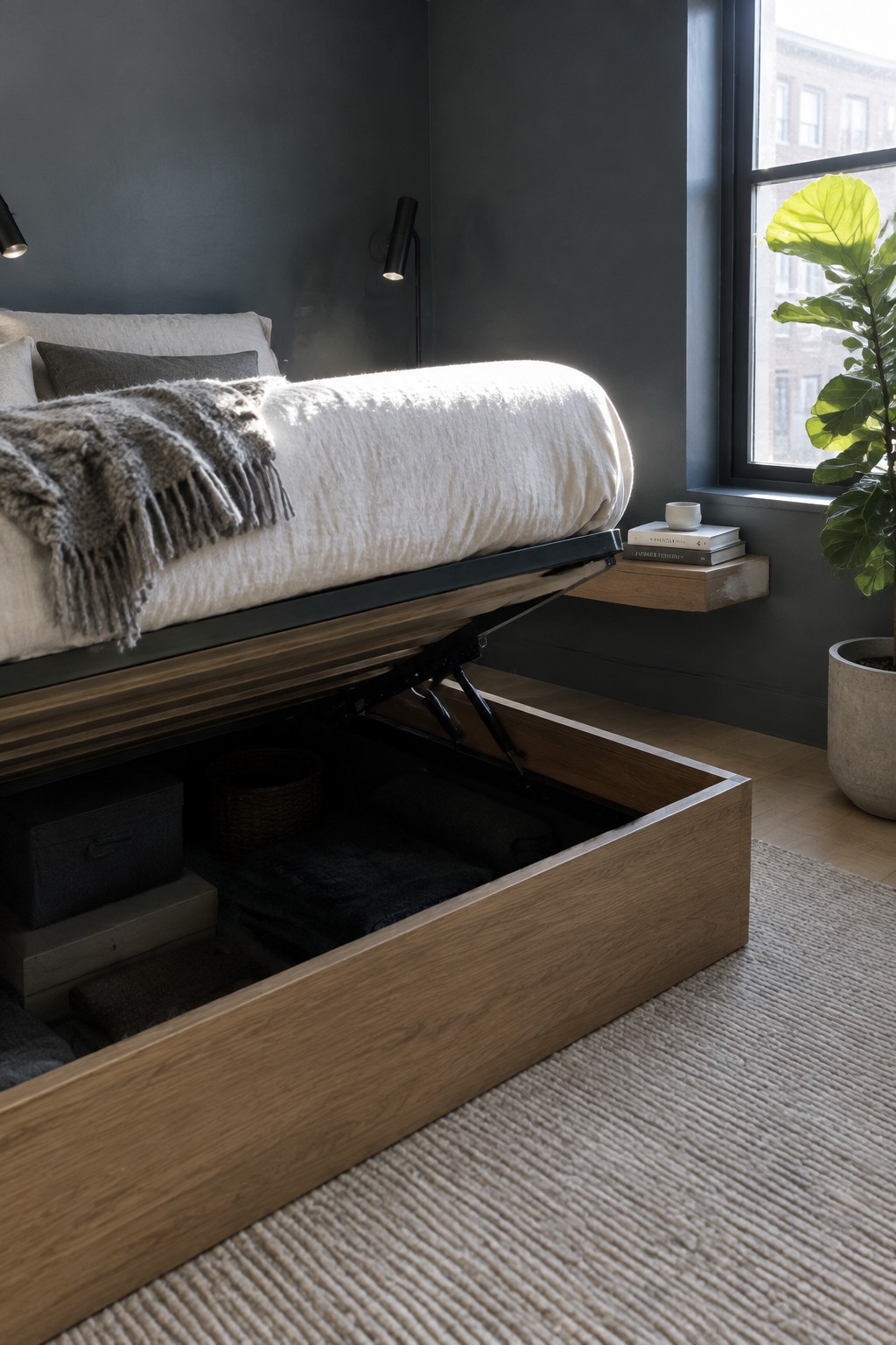 A modern bedroom with a wooden platform bed lifted open to reveal storage space underneath, containing boxes and baskets, next to a window with a potted plant on the sill.