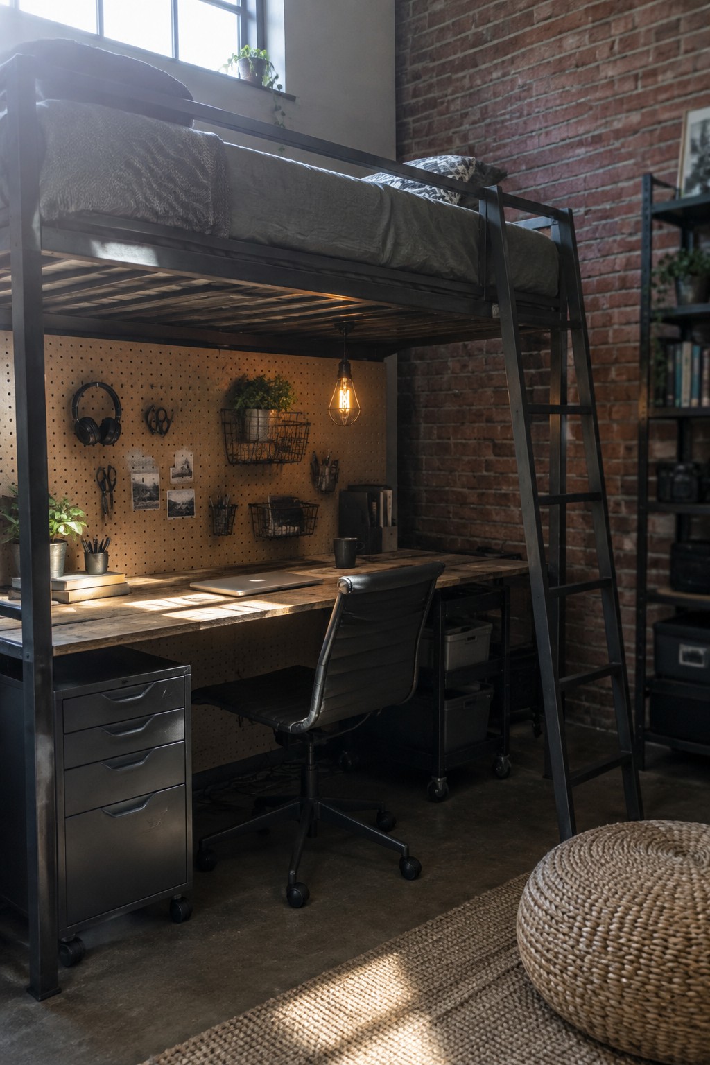 Loft bed above a wooden desk setup with office chair, pegboard wall, and storage drawers in a bedroom with brick walls.