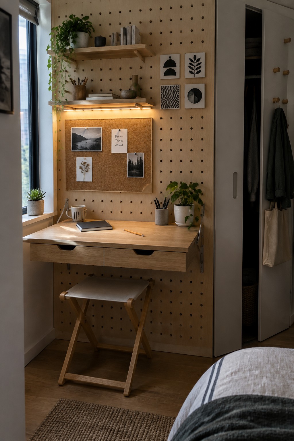 Wooden desk with stool against pegboard wall beside open closet and plants