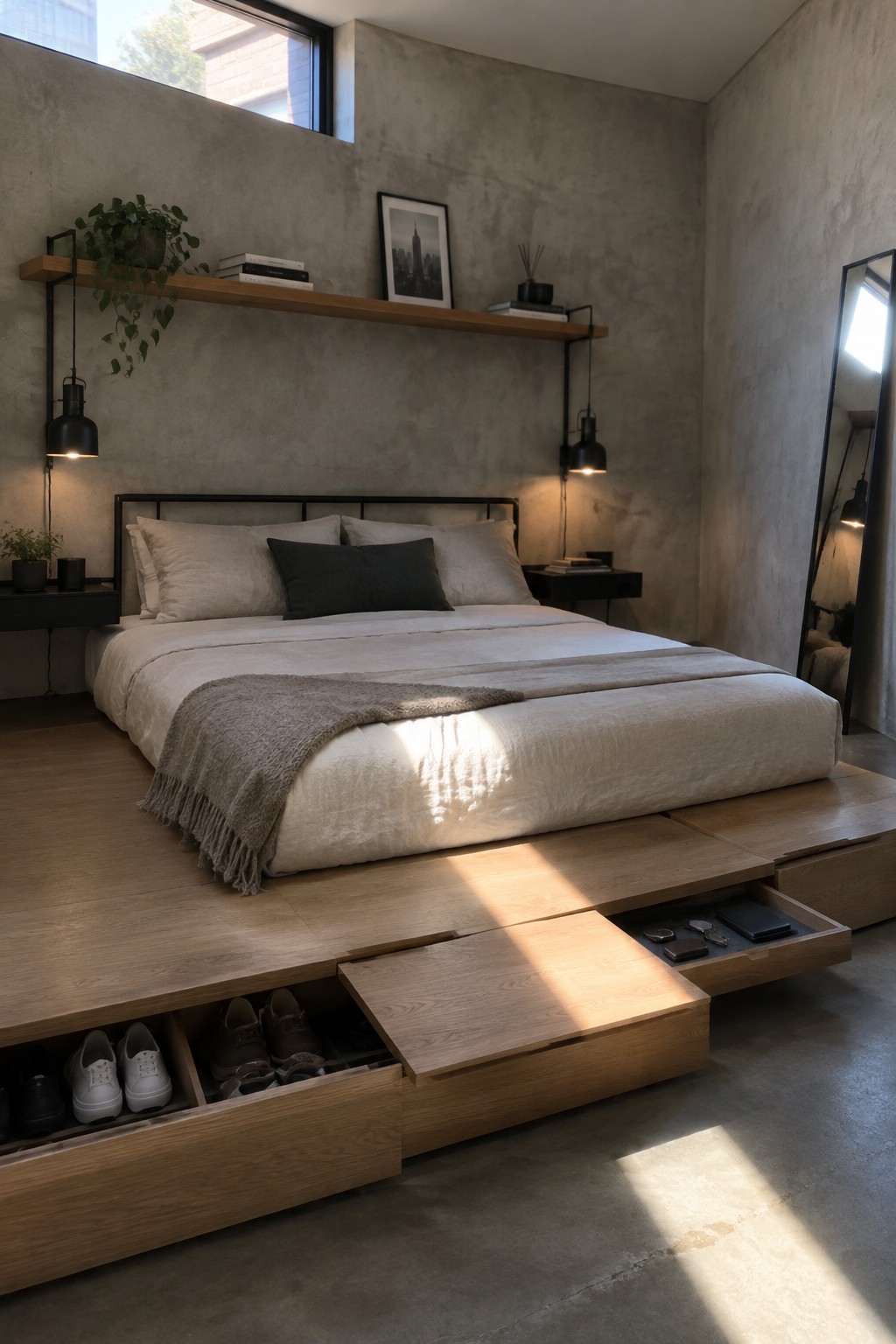 Modern bedroom with platform bed, open wooden storage drawers, concrete walls, and sunlight.