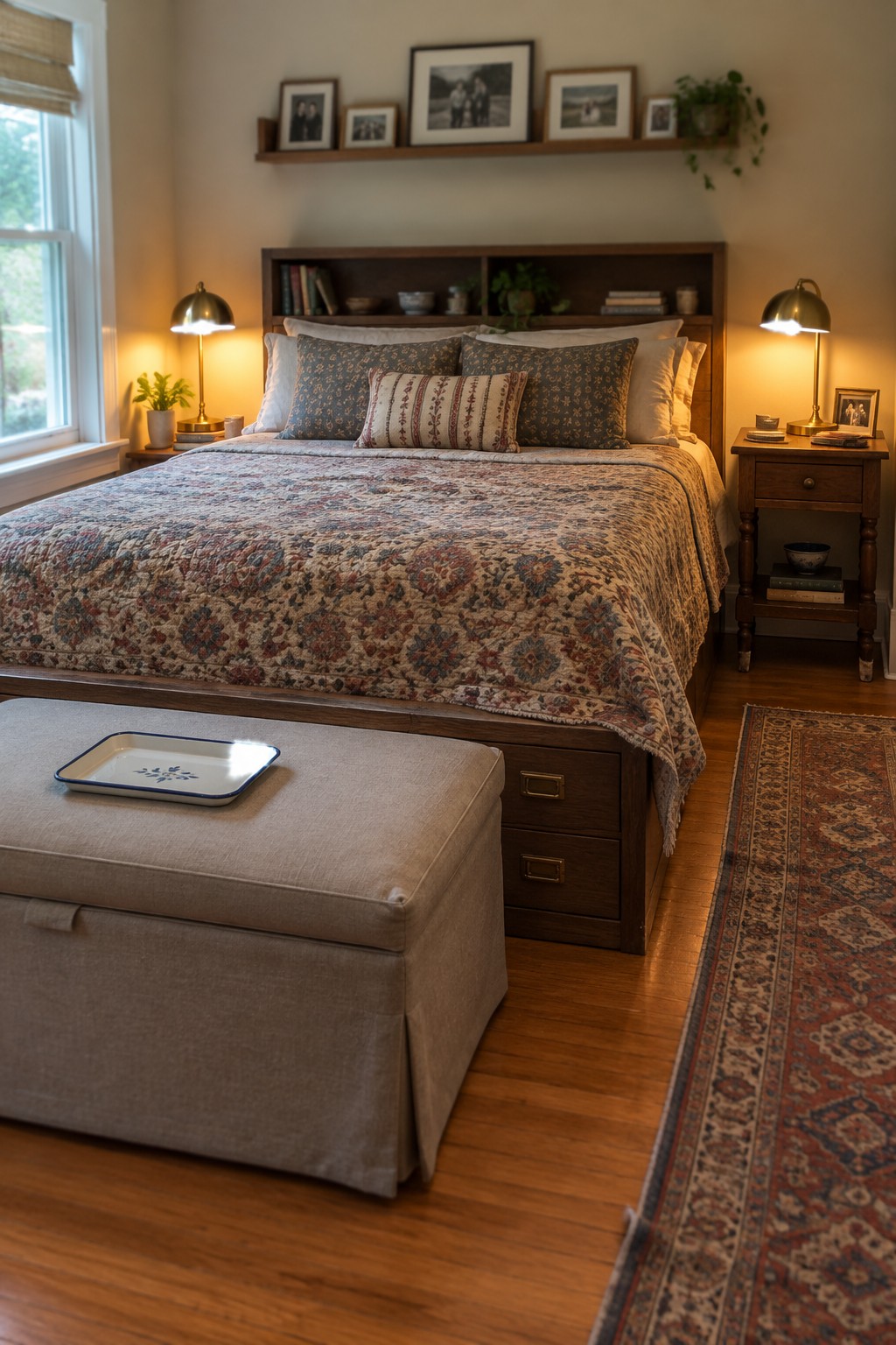 A bedroom featuring a bed with a patterned quilt, wooden headboard with built-in shelves, two bedside lamps, and a large beige upholstered storage ottoman with a tray positioned at the foot of the bed.