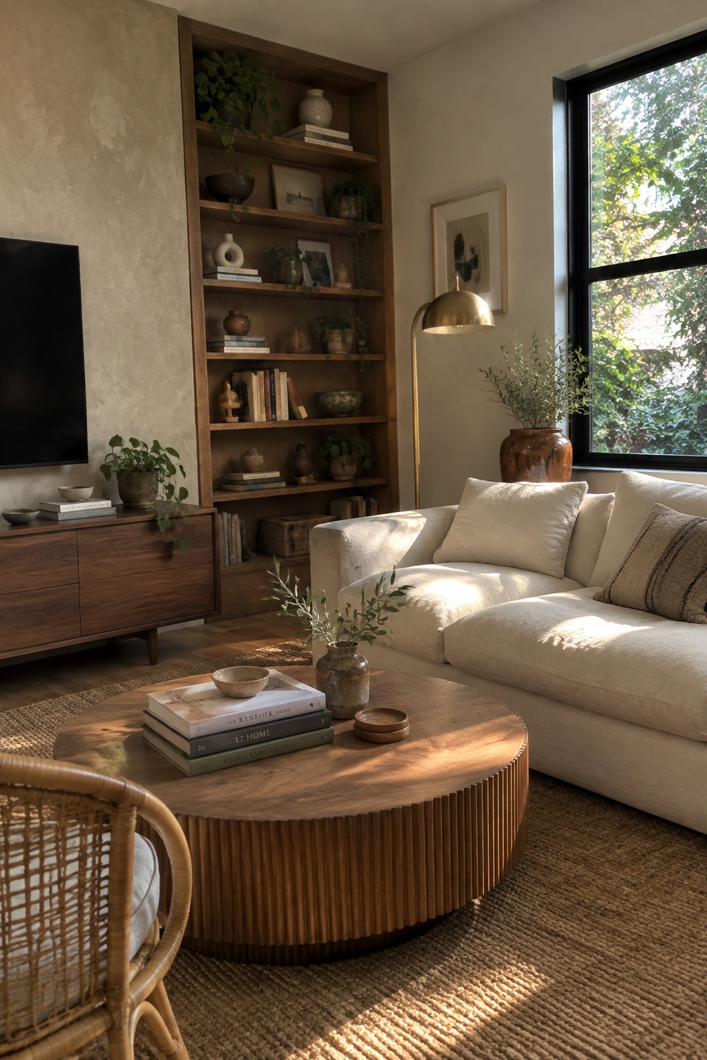 Cozy living room with white sofa, round wooden coffee table, and built-in bookshelf