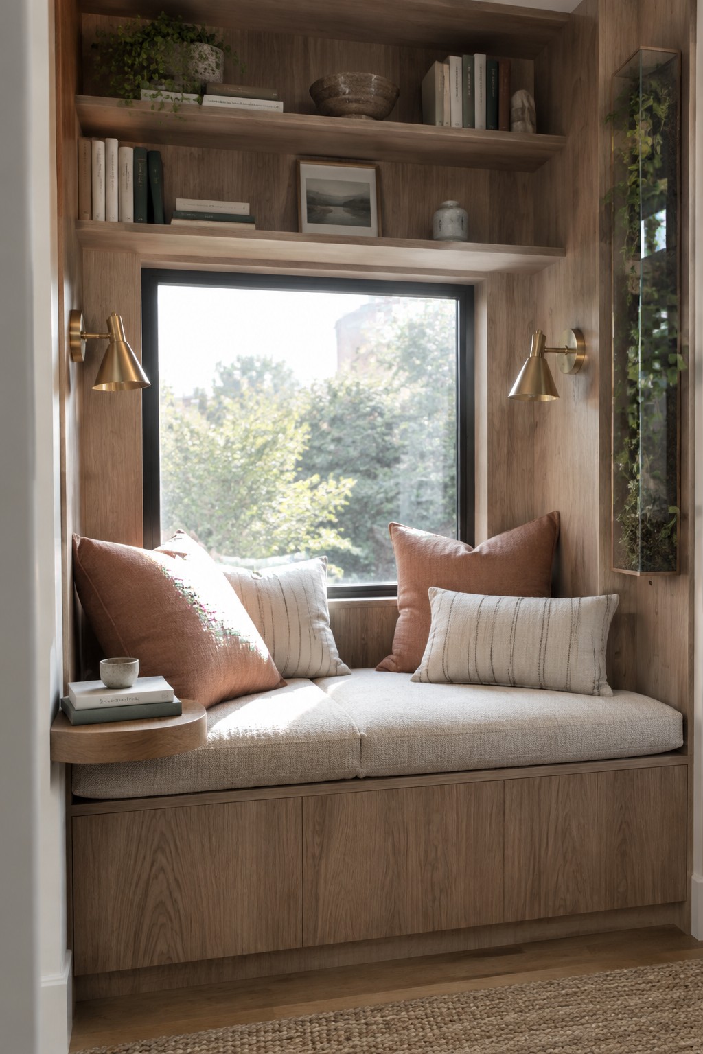 A wooden built-in window seat with storage drawers below, cushions on top, and open shelves above holding books and plants, with wall sconces on both sides.